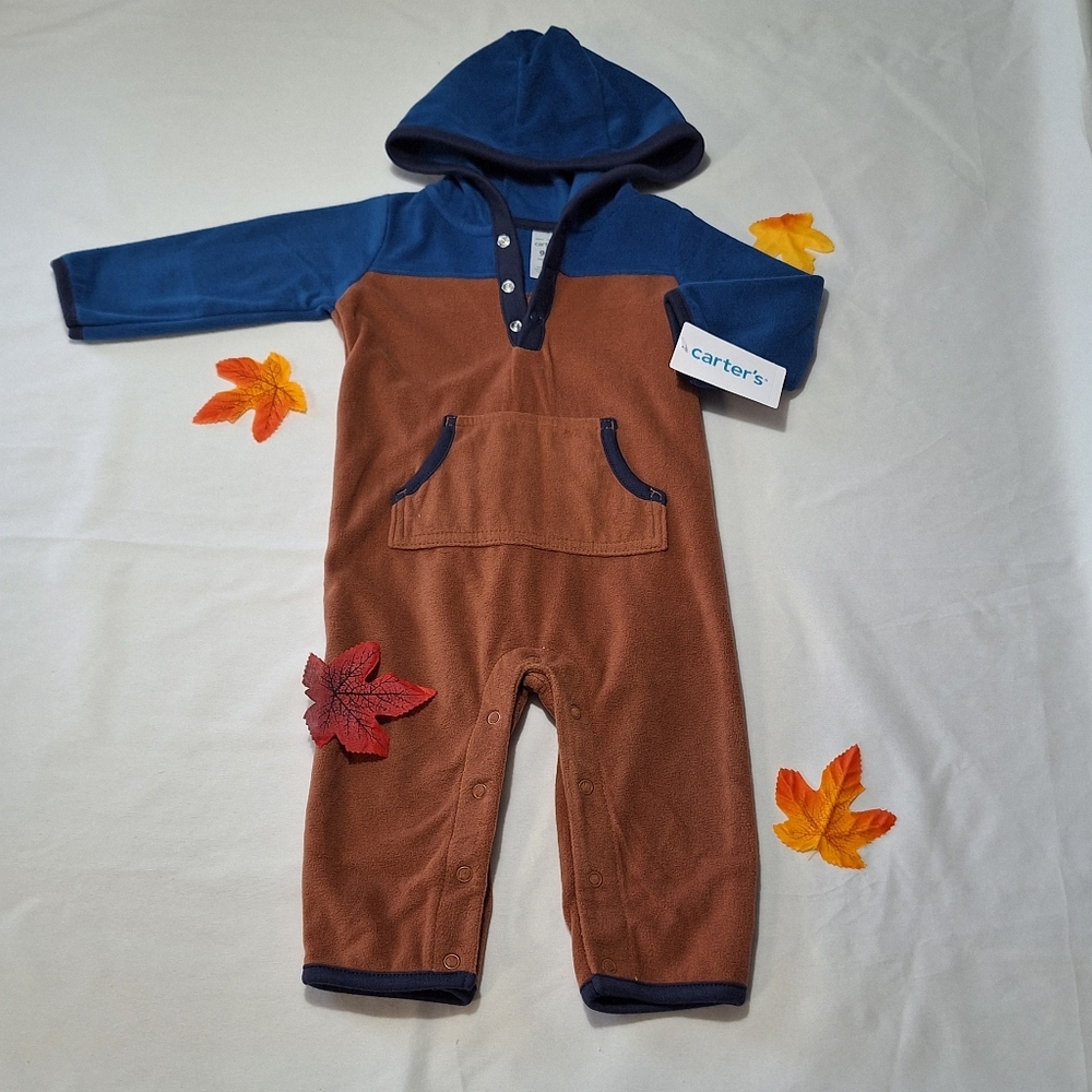 Carter's Navy and Brown Hooded Baby Romper